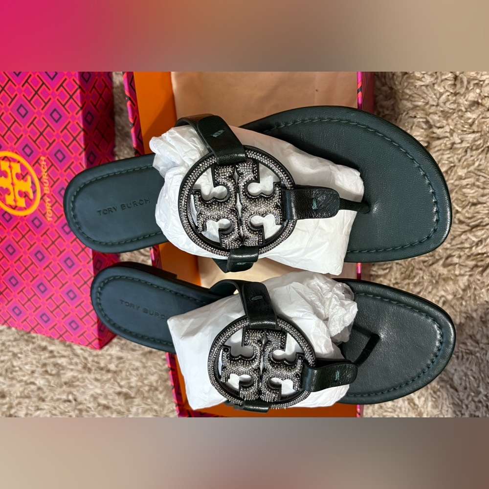 Tory Burch Green Sandals with Iconic rhinestone Logo - Picture 7 of 8